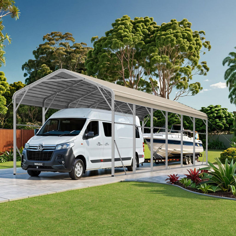 Single Carport 3.4m x 12.03m x 3.27m Backyard Portable Vehicle & Boat Shelter with Wrapped Roof