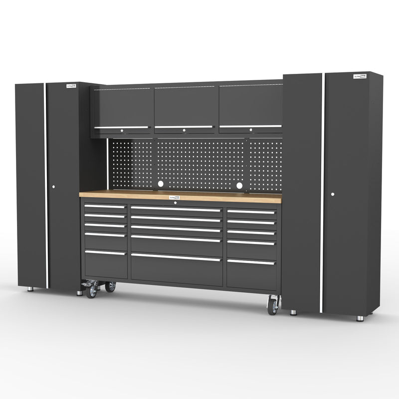 UltraTools Black 72" Mobile Work Bench with 15 Drawers Tool Chest & 3 Overhead Cabinet with Two Standing Cabinets