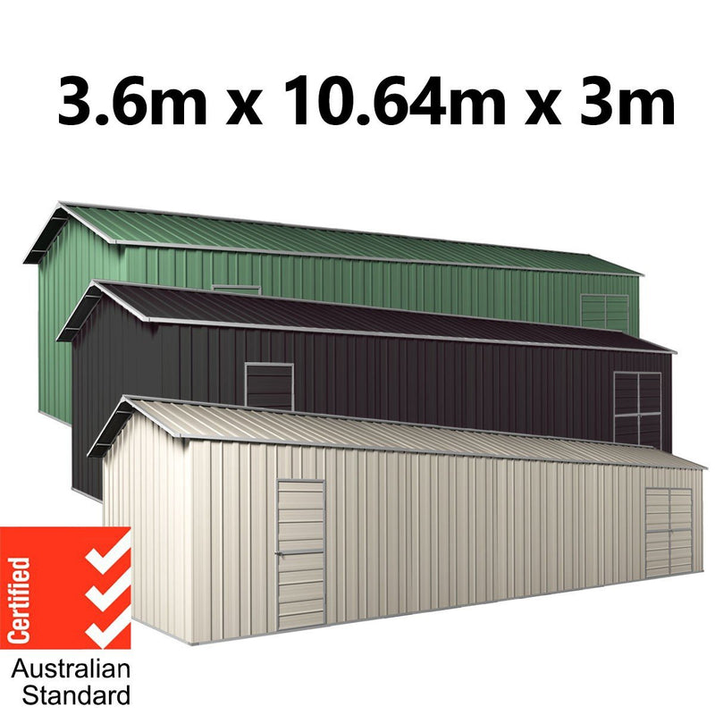 Garage Workshop Shed 10.64m x 3.6m x 3m Side Double Doors + PA doors 7 Frames Design