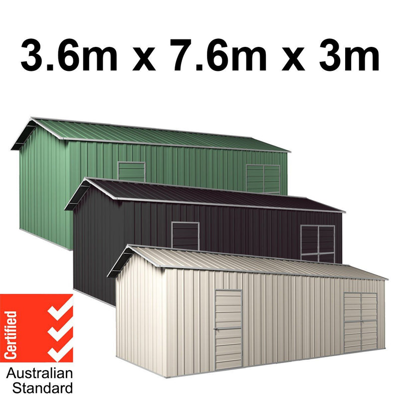 Garage Workshop Shed 7.6m x 3.6m x 3m Side Double Doors + PA doors 5 Frames Design EXTRA High)