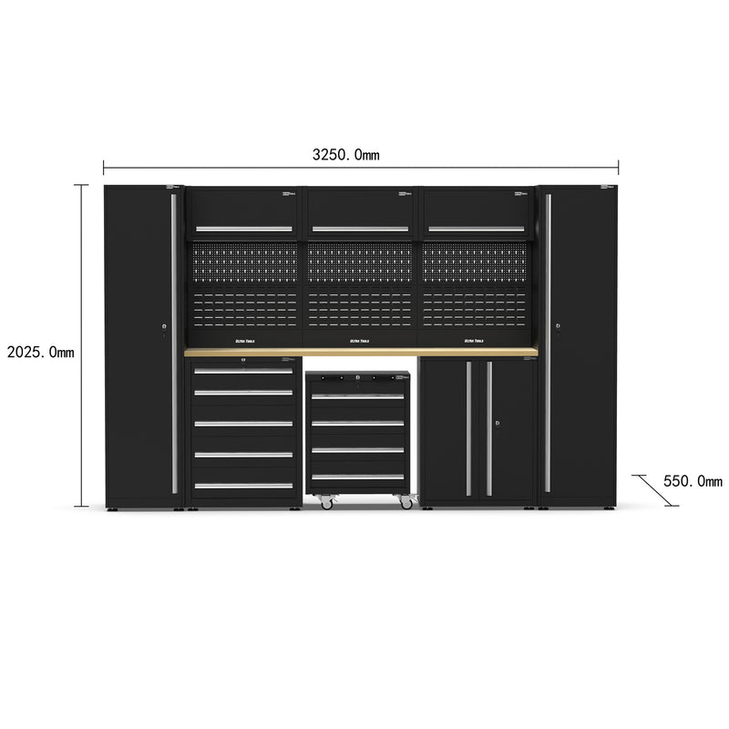 UltraTools 3250mm x 550mm x 2025mm Black Classic Workshop Garage Storage Cabinet Set