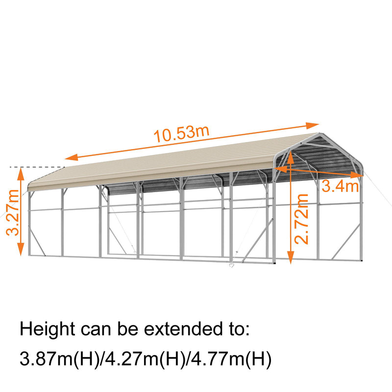 Single Carport 3.4m x 10.53m x 3.27m Backyard Portable Vehicle & Boat Shelter with Wrapped Roof
