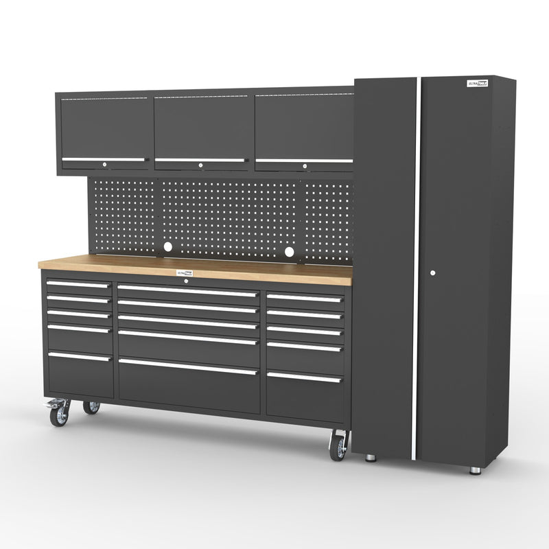 UltraTools Black 72" Mobile Work Bench with 15 Drawers Tool Chest & 3 Overhead Cabinet with One Standing Cabinet