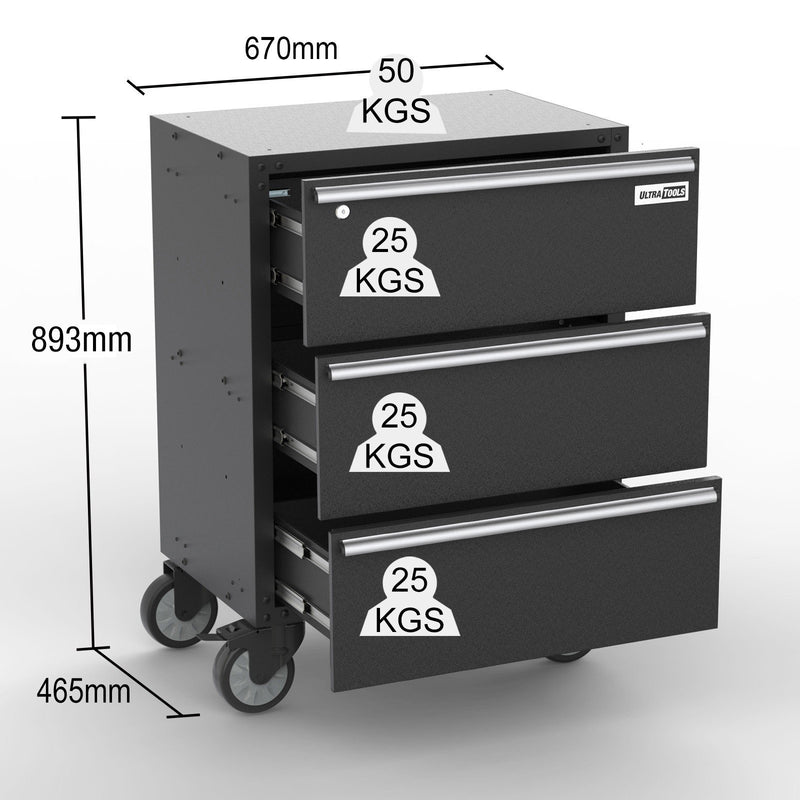 Garage 3 Drawers Storage Cabinet - UltraTools 670mm x 465mm x 820mm Black Workshop