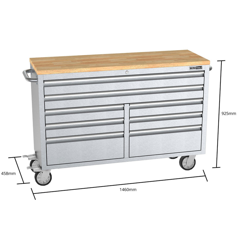 UltraTools Stainless Steel 52" Mobile Work Bench with 8 Drawers Tool Chest Roller Cabinet