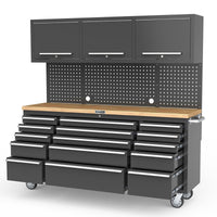 UltraTools Black 72" Mobile Work Bench with 15 Drawers Tool Chest & 3 Overhead Cabinet + 2 Standing Cabinets
