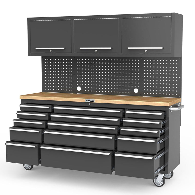 UltraTools Black 72" Mobile Work Bench with 15 Drawers Tool Chest & 3 Overhead Cabinet + 2 Standing Cabinets