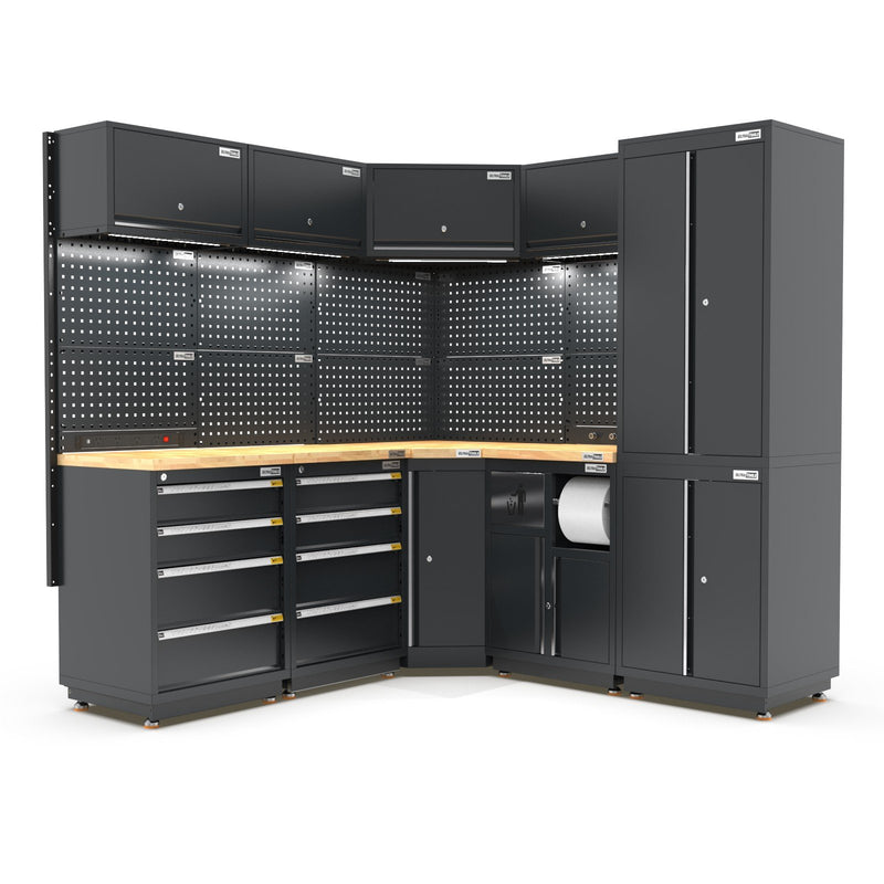 UltraTools 1385/2610mm OR 1978/1978mm x 580mm x 2020mm Black Semi-Industrial Workshop Garage Storage Corner Cabinet Set