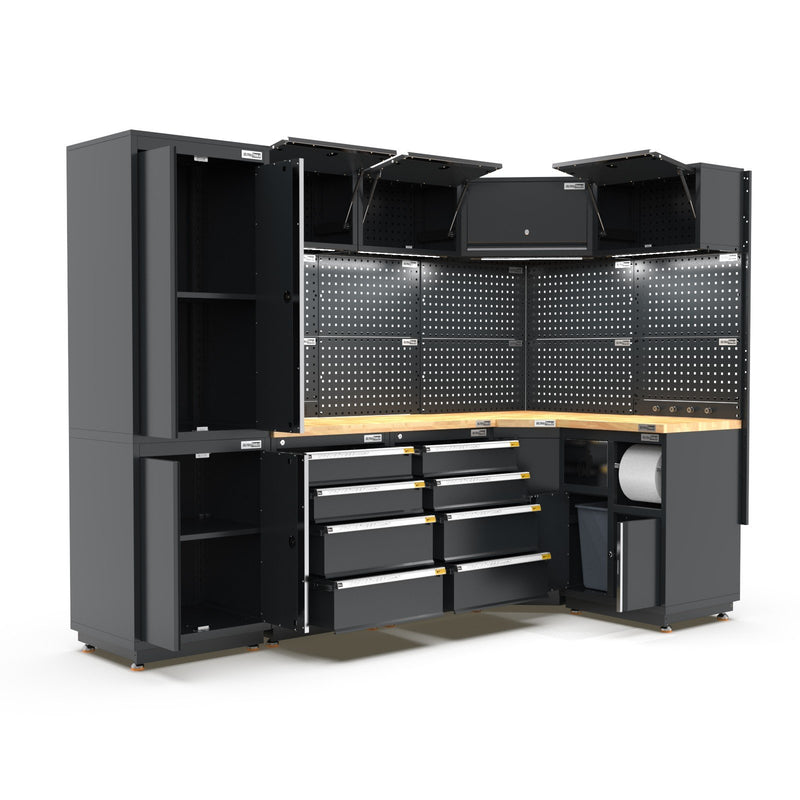 UltraTools 1385/2610mm OR 1978/1978mm x 580mm x 2020mm Black Semi-Industrial Workshop Garage Storage Corner Cabinet Set