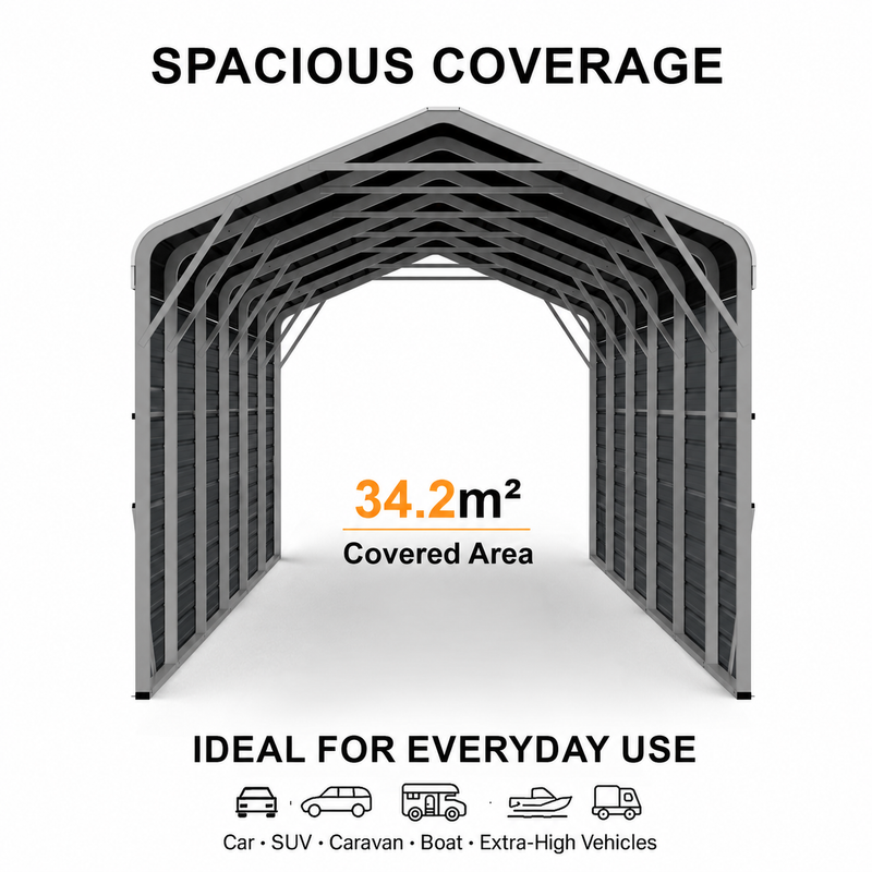 Single Carport 3.4m Wide x 10.53m Long with Enclosed Side Walls