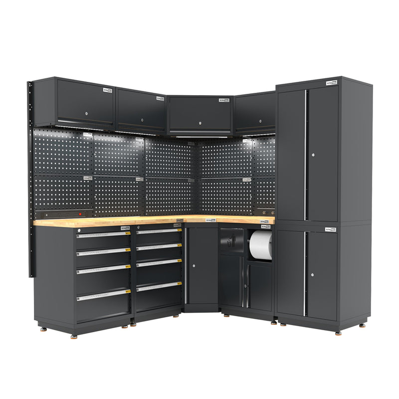 UltraTools 1385/2610mm OR 1978/1978mm x 580mm x 2020mm Black Semi-Industrial Workshop Garage Storage Corner Cabinet Set