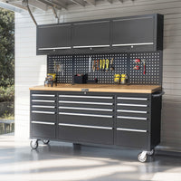 UltraTools Black 72" Mobile Work Bench with 15 Drawers Tool Chest & 3 Overhead Roller Cabinet
