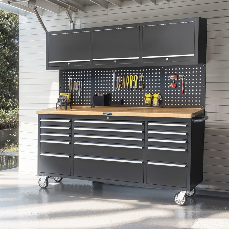 UltraTools Black 72" Mobile Work Bench with 15 Drawers Tool Chest & 3 Overhead Roller Cabinet