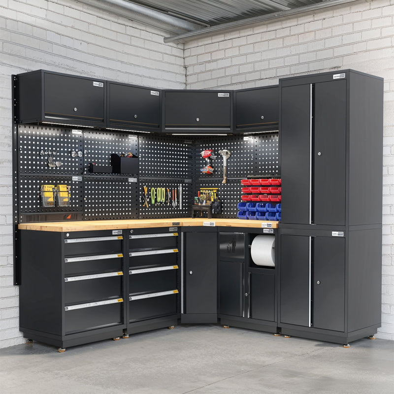 UltraTools 1385/2610mm OR 1978/1978mm x 580mm x 2020mm Black Semi-Industrial Workshop Garage Storage Corner Cabinet Set
