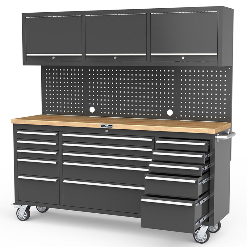 UltraTools Black 72" Mobile Work Bench with 15 Drawers Tool Chest & 3 Overhead Roller Cabinet