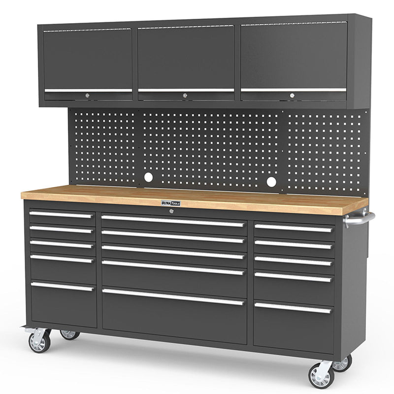 UltraTools Black 72" Mobile Work Bench with 15 Drawers Tool Chest & 3 Overhead Roller Cabinet