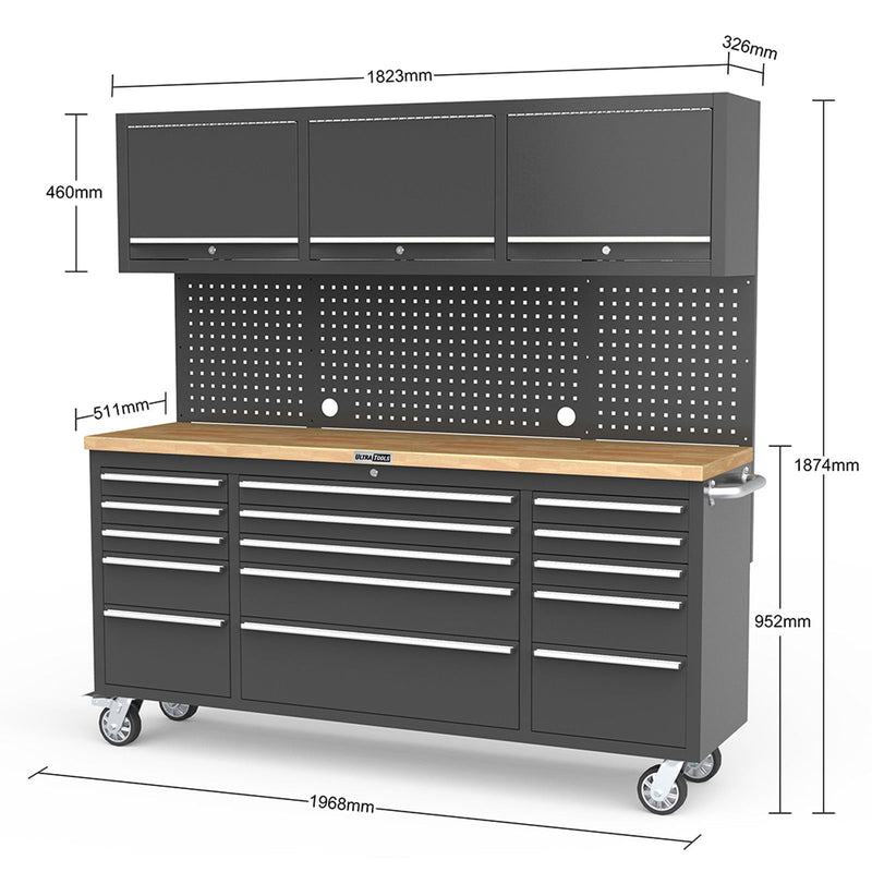 UltraTools Black 72" Mobile Work Bench with 15 Drawers Tool Chest & 3 Overhead Roller Cabinet