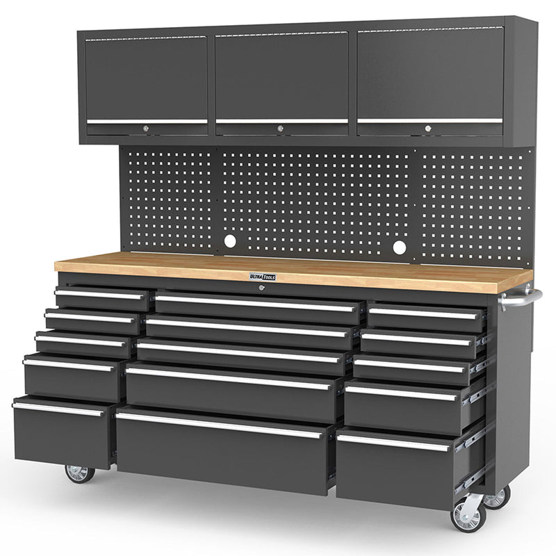 UltraTools Black 72" Mobile Work Bench with 15 Drawers Tool Chest & 3 Overhead Roller Cabinet