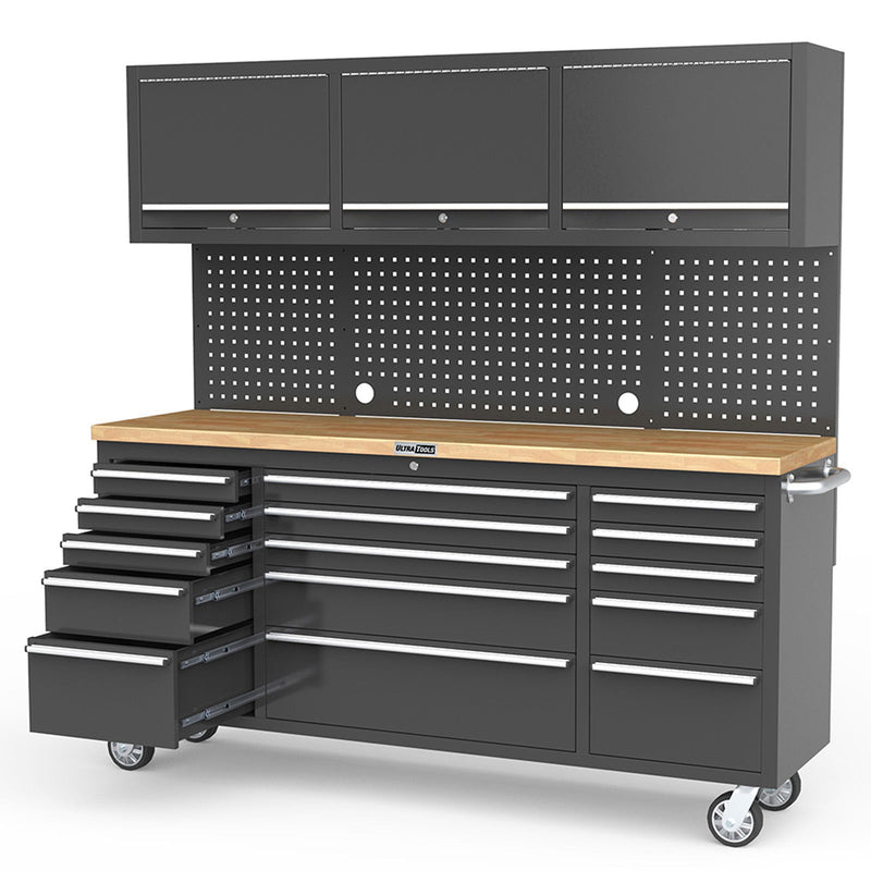 UltraTools Black 72" Mobile Work Bench with 15 Drawers Tool Chest & 3 Overhead Roller Cabinet