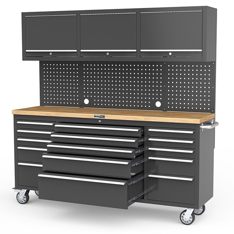 UltraTools Black 72" Mobile Work Bench with 15 Drawers Tool Chest & 3 Overhead Roller Cabinet