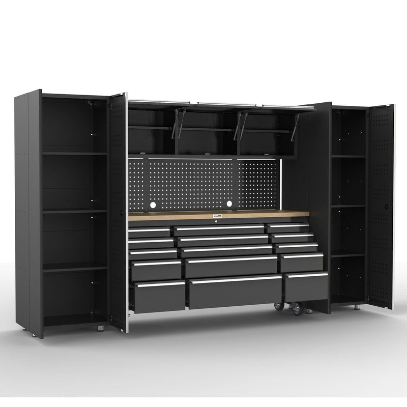 UltraTools Black 72" Mobile Work Bench with 15 Drawers Tool Chest & 3 Overhead Cabinet + 2 Standing Cabinets