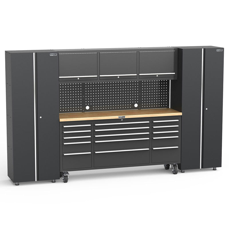UltraTools Black 72" Mobile Work Bench with 15 Drawers Tool Chest & 3 Overhead Cabinet + 2 Standing Cabinets