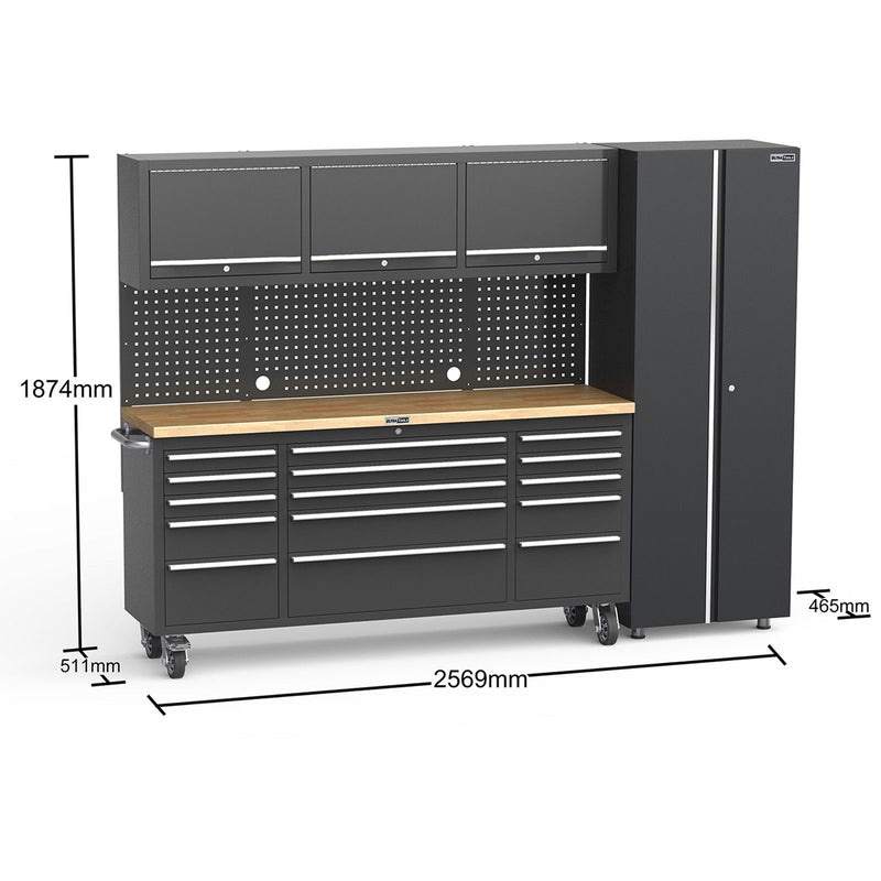 UltraTools Black 72" Mobile Work Bench with 15 Drawers Tool Chest & 3 Overhead Cabinet with One Standing Cabinet