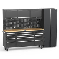 UltraTools Black 72" Mobile Work Bench with 15 Drawers Tool Chest & 3 Overhead Cabinet with One Standing Cabinet