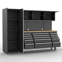 UltraTools Black 72" Mobile Work Bench with 15 Drawers Tool Chest & 3 Overhead Cabinet with One Standing Cabinet