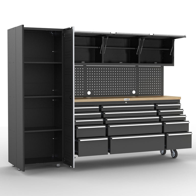 UltraTools Black 72" Mobile Work Bench with 15 Drawers Tool Chest & 3 Overhead Cabinet with One Standing Cabinet
