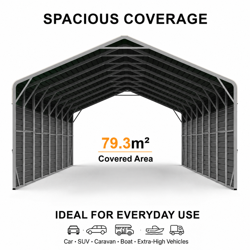 Double Carport 6m Wide x 13.53m Long with Enclosed Side Walls