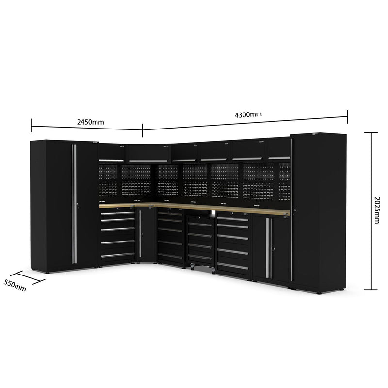 UltraTools 2450/4300mm x 550mm x 2025mm Black Classic Workshop Garage Storage Corner Cabinet Set