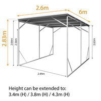 Vehicle Shelter 2.6m x 6m x 2.8m Steel Carport
