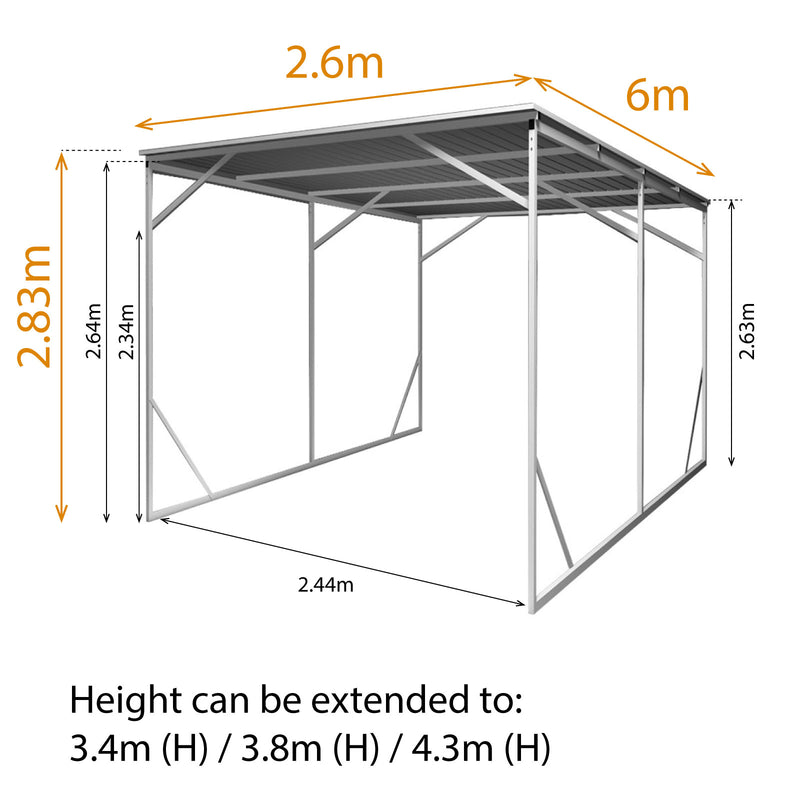 Vehicle Shelter 2.6m x 6m x 2.8m Steel Carport