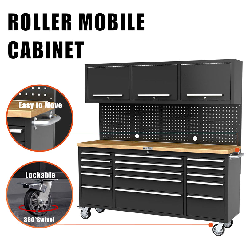UltraTools Black 72" Mobile Work Bench with 15 Drawers Tool Chest & 3 Overhead Cabinet + 2 Standing Cabinets