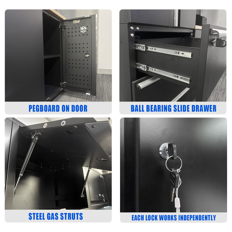 UltraTools Black 72" Mobile Work Bench with 15 Drawers Tool Chest & 3 Overhead Cabinet + 2 Standing Cabinets