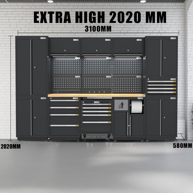 UltraTools 3100mm x 580mm x 2020mm Black Semi-Industrial Workshop Garage Storage Cabinet Set