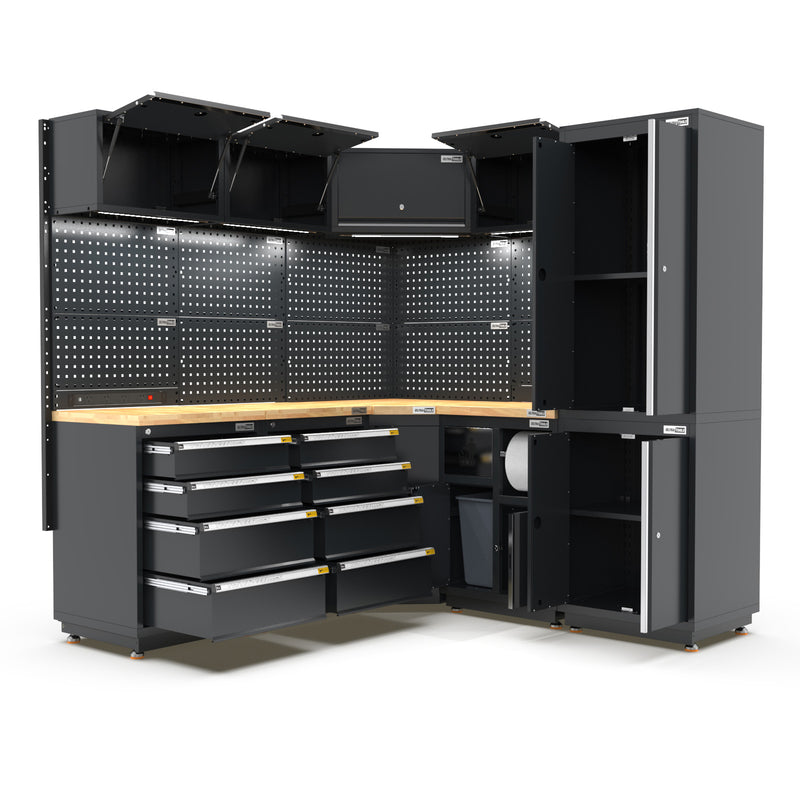UltraTools 1385/2610mm OR 1978/1978mm x 580mm x 2020mm Black Semi-Industrial Workshop Garage Storage Corner Cabinet Set
