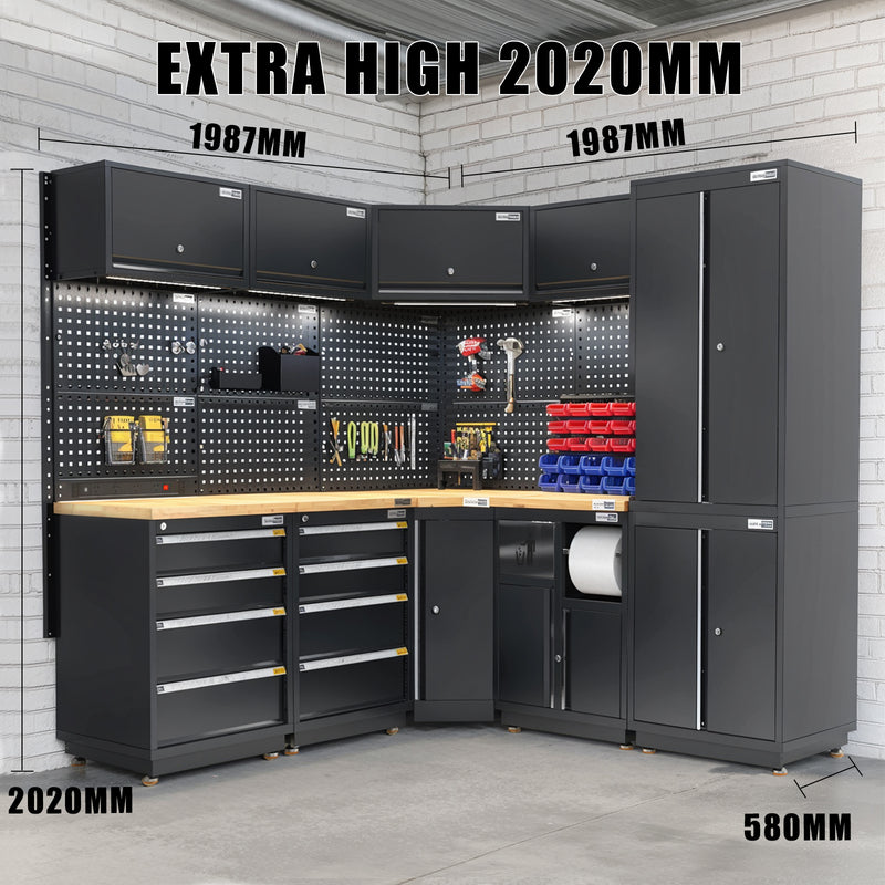 UltraTools 1385/2610mm OR 1978/1978mm x 580mm x 2020mm Black Semi-Industrial Workshop Garage Storage Corner Cabinet Set