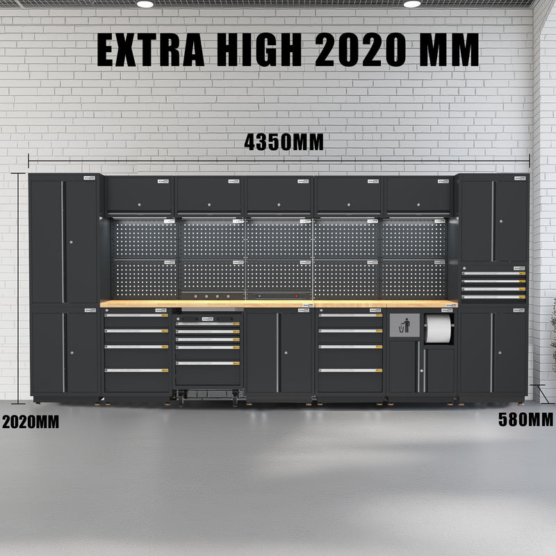 UltraTools 4350mm x 580mm x 2020mm Black Semi-Industrial Workshop Garage Storage Cabinet Set