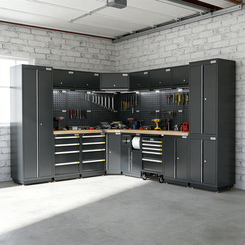 UltraTools 2610/3240mm x 580mm x 2020mm Black Semi-Industrial Workshop Garage Storage Corner Cabinet Set