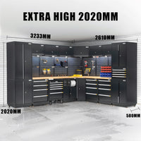 UltraTools 2610/3240mm x 580mm x 2020mm Black Semi-Industrial Workshop Garage Storage Corner Cabinet Set