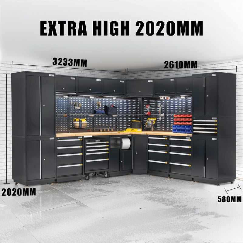 UltraTools 2610/3240mm x 580mm x 2020mm Black Semi-Industrial Workshop Garage Storage Corner Cabinet Set