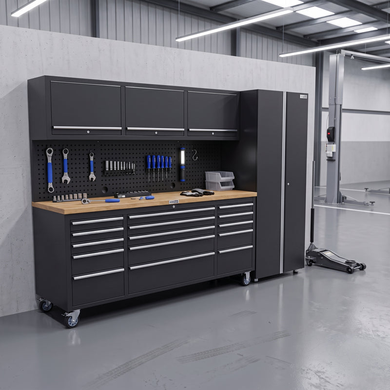 UltraTools Black 72" Mobile Work Bench with 15 Drawers Tool Chest & 3 Overhead Cabinet with One Standing Cabinet
