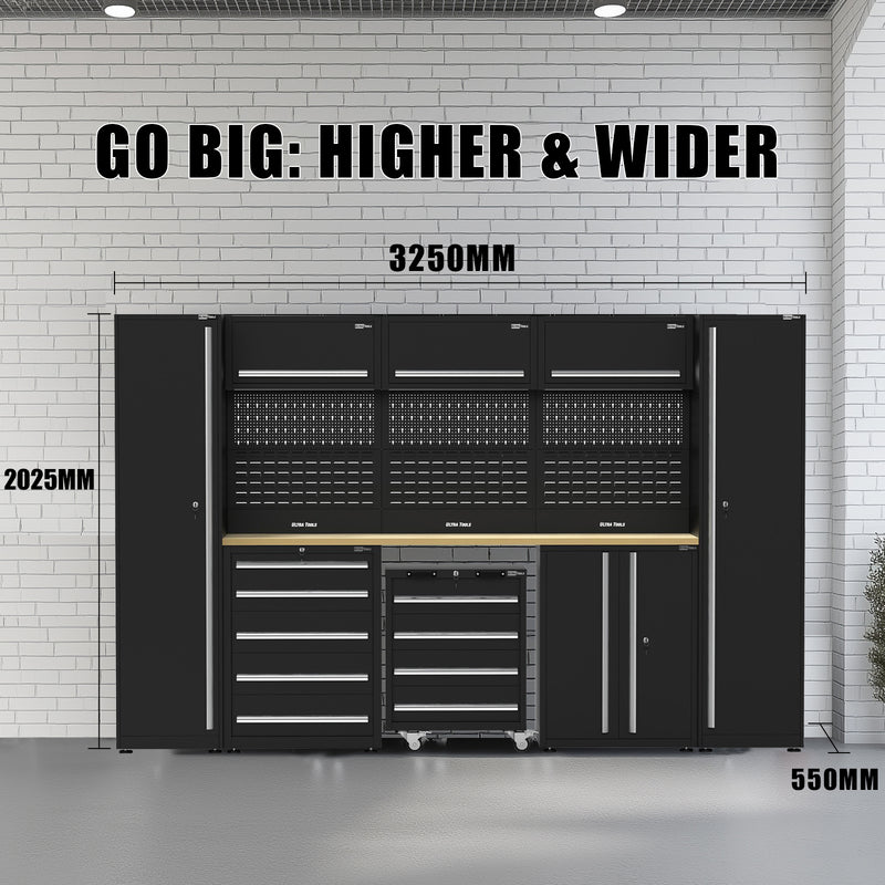UltraTools 3250mm x 550mm x 2025mm Black Classic Workshop Garage Storage Cabinet Set