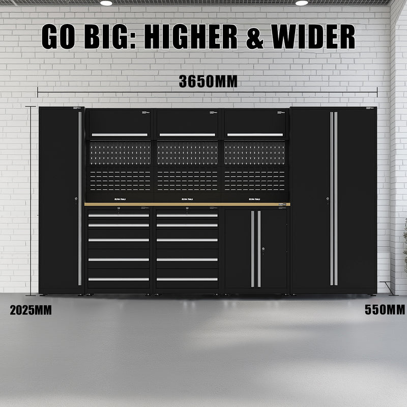 UltraTools 3650mm x 550mm x 2025mm Black Classic Workshop Garage Storage Cabinet Set