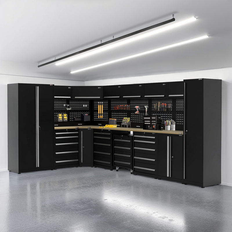 UltraTools 2450/4300mm x 550mm x 2025mm Black Economy Workshop Garage Storage Corner Cabinet Set
