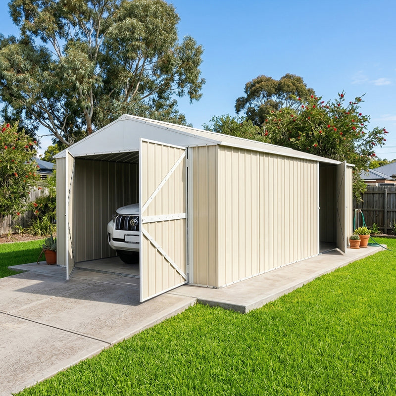 Garage Shed 6m x 3.45m x 2.4m (Gable) Double Barn Door Workshop with 4 Internal Trusses