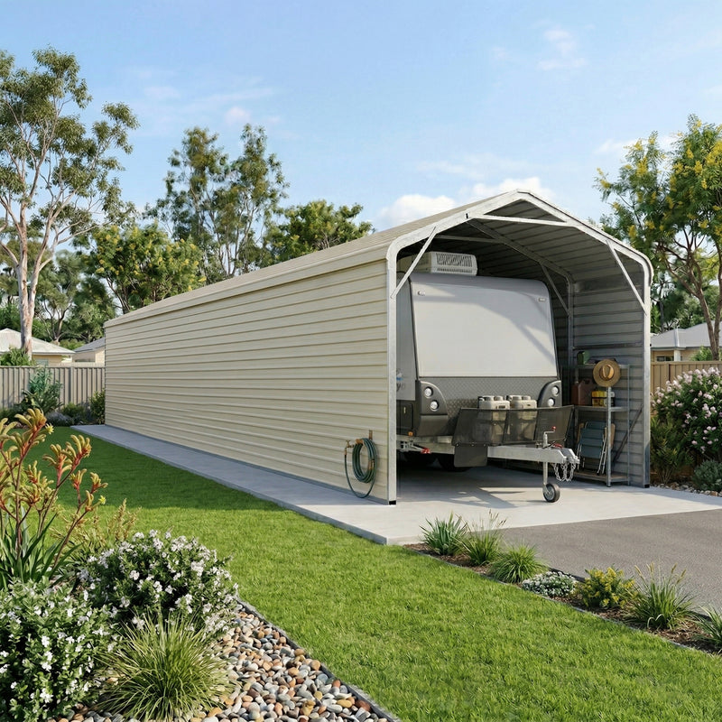 Single Carport 3.4m Wide x 13.53m Long with Enclosed Side Walls