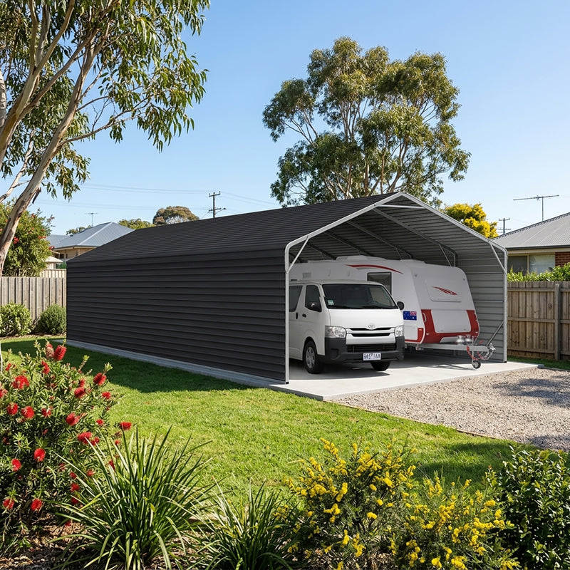Double Carport 6m Wide x 15.03m Long with Enclosed Side Walls